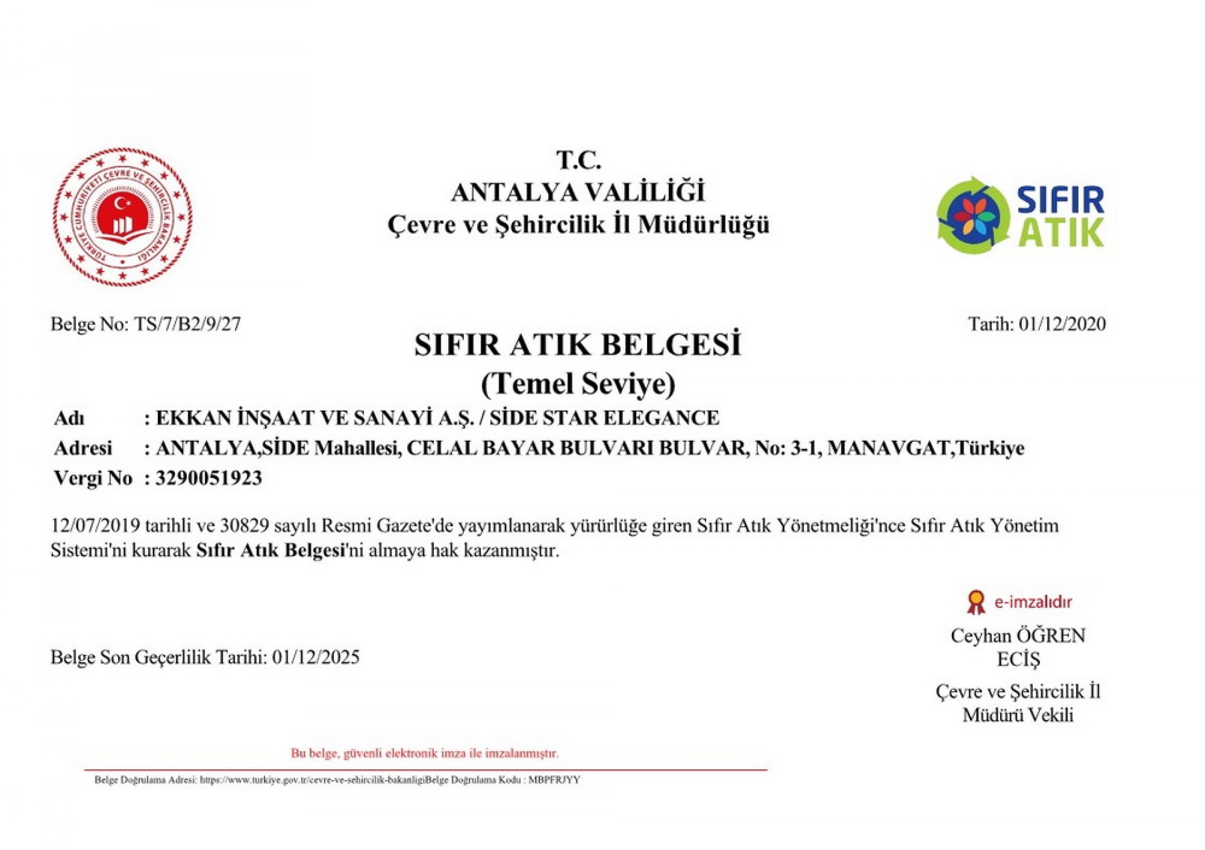 Sıfır Atık Belgesi